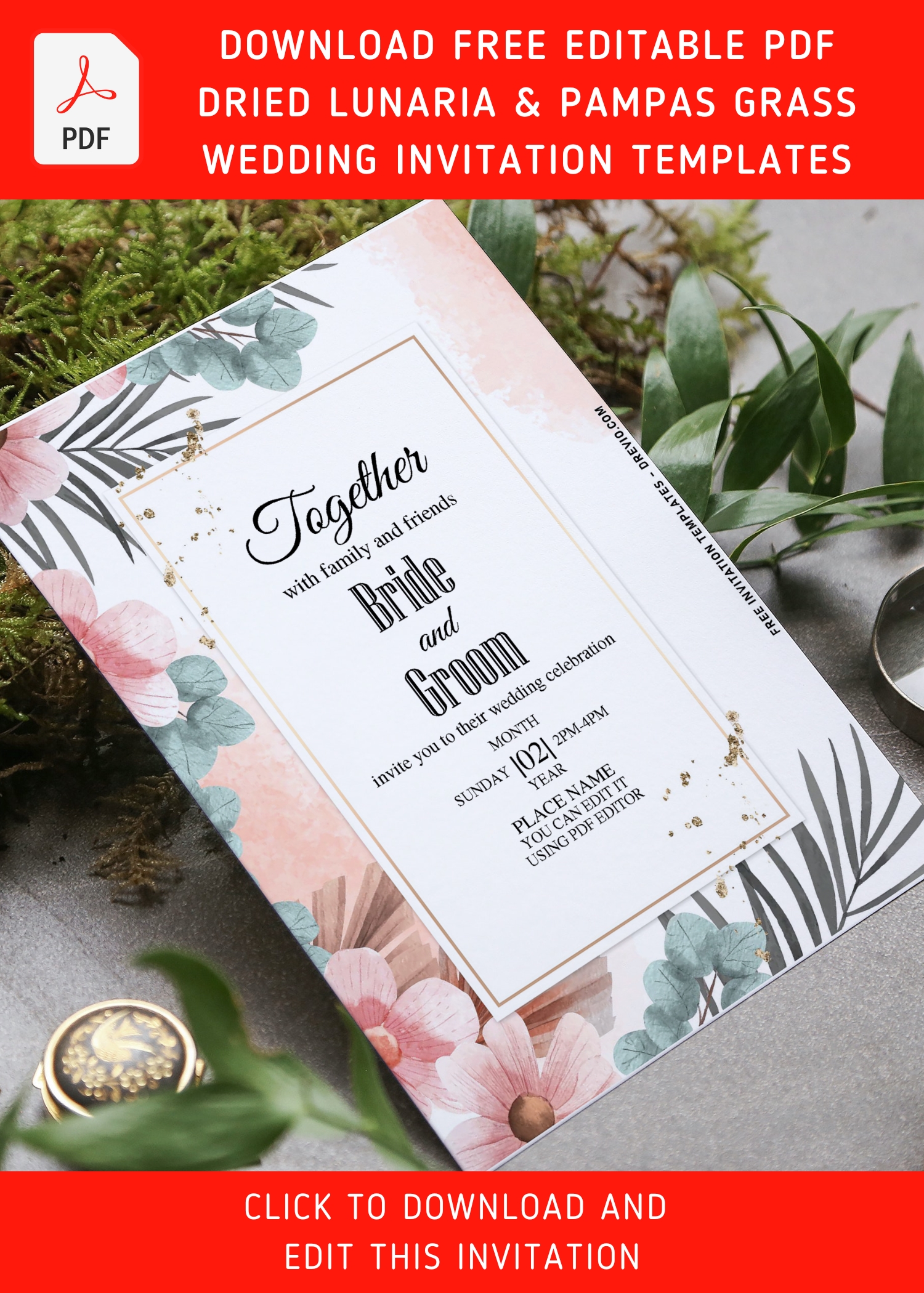 (Free Editable PDF) Dried Lunaria And Pampas Grass Boho Invitation Templates