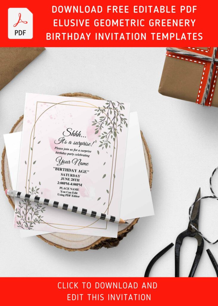 (Free Editable PDF) Elusive Geometric Greenery Eucalyptus Birthday Invitation Templates with falling leaves