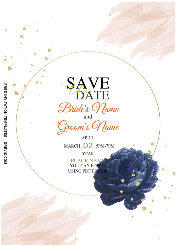 (Free Editable PDF) Mysterious Midnight Blue Camellia Wedding Invitation Templates with elegant script
