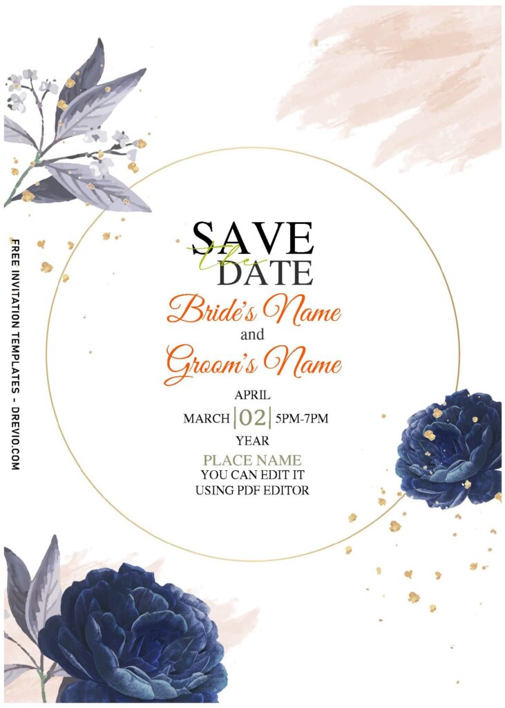 (Free Editable PDF) Mysterious Midnight Blue Camellia Wedding Invitation Templates with sparkling gold