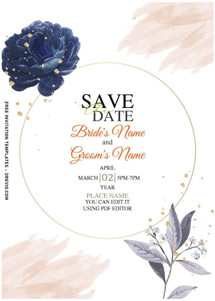 (Free Editable PDF) Mysterious Midnight Blue Camellia Wedding Invitation Templates with white background
