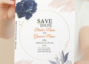 (Free Editable PDF) Mysterious Midnight Blue Camellia Wedding Invitation Templates with Mysterious blue camellia flower