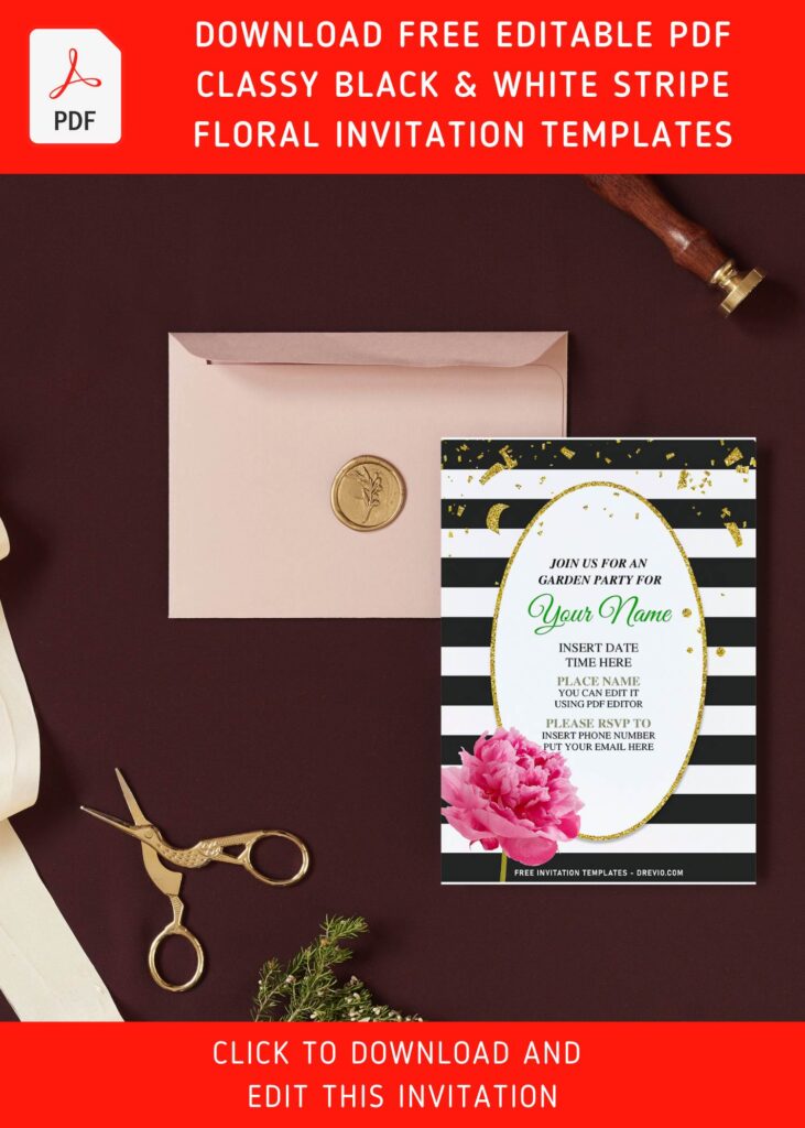 Free Editable PDF Modern Black And White Stripe Floral Invitation Templates
