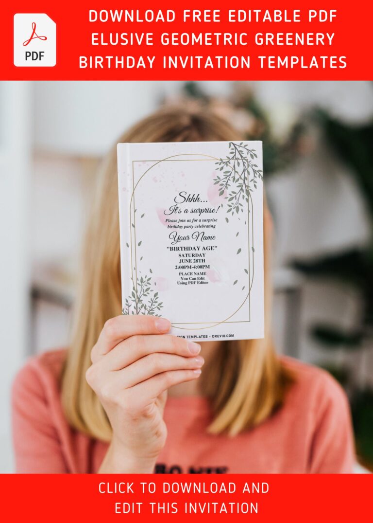 (Free Editable PDF) Elusive Geometric Greenery Eucalyptus Birthday Invitation Templates with aesthetic watercolor background