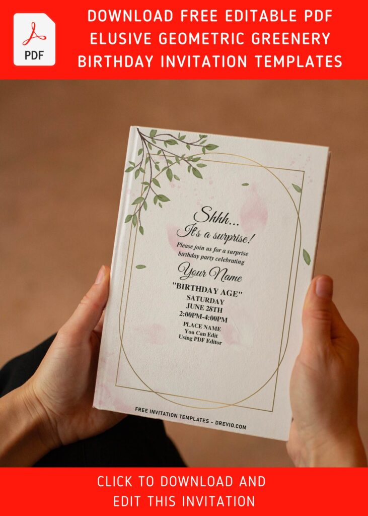 (Free Editable PDF) Elusive Geometric Greenery Eucalyptus Birthday Invitation Templates with editable text