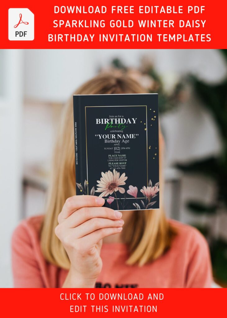 Free Editable PDF Sparkling Gold Watercolor Winter Daisy Floral Invitation Templates