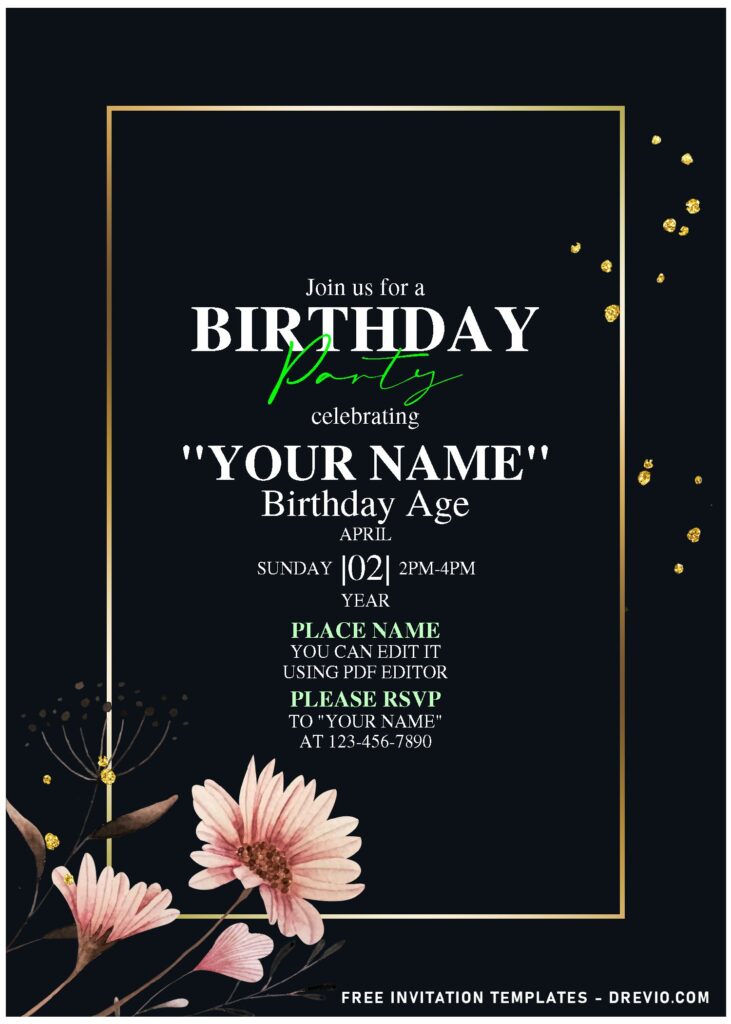 Free Editable PDF Sparkling Gold Winter Daisy Floral Birthday Invitation Templates