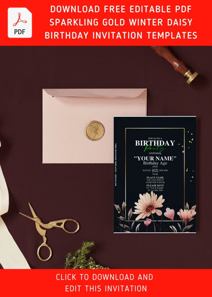 Free Editable PDF Sparkling Gold Winter Daisy Floral Invitation Templates