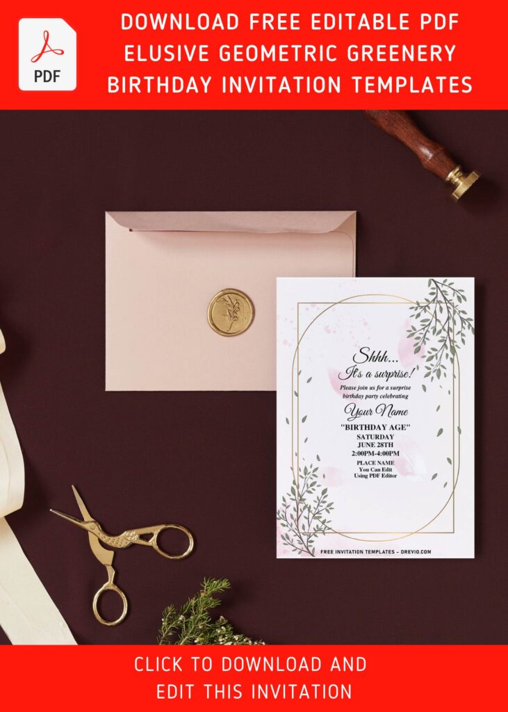 (Free Editable PDF) Elusive Geometric Greenery Eucalyptus Birthday Invitation Templates with watercolor foliage