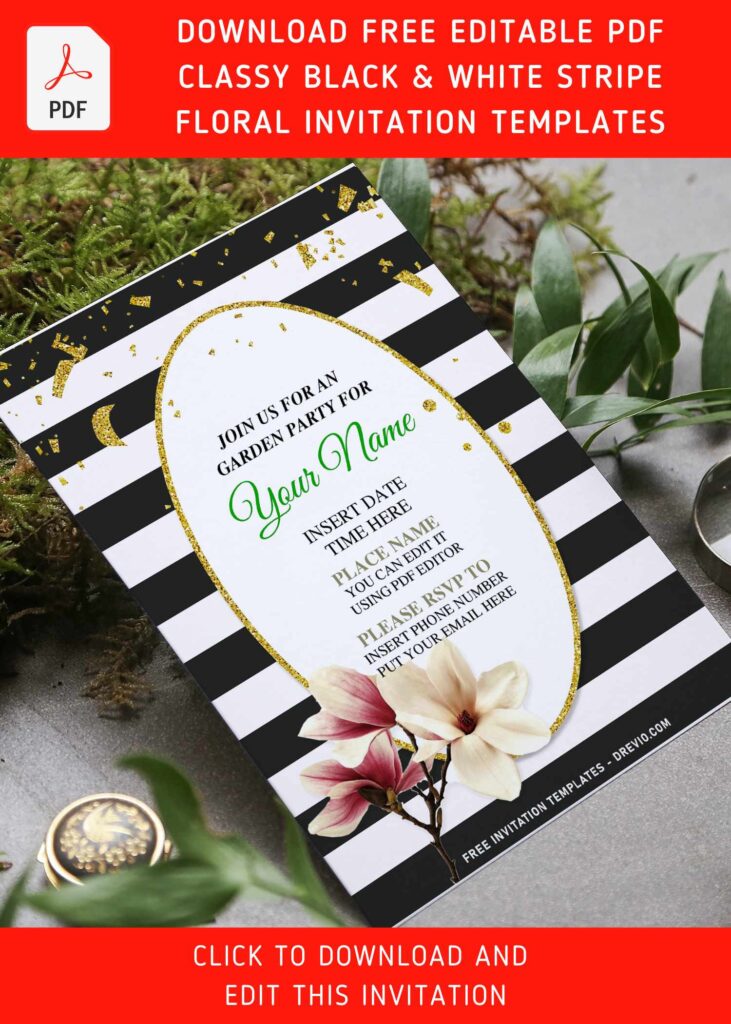 Free Editable PDF Stunning Black And White Stripe Floral Invitation Templates