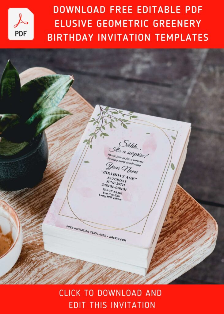 (Free Editable PDF) Elusive Geometric Greenery Eucalyptus Birthday Invitation Templates with stunning gold geometric frame