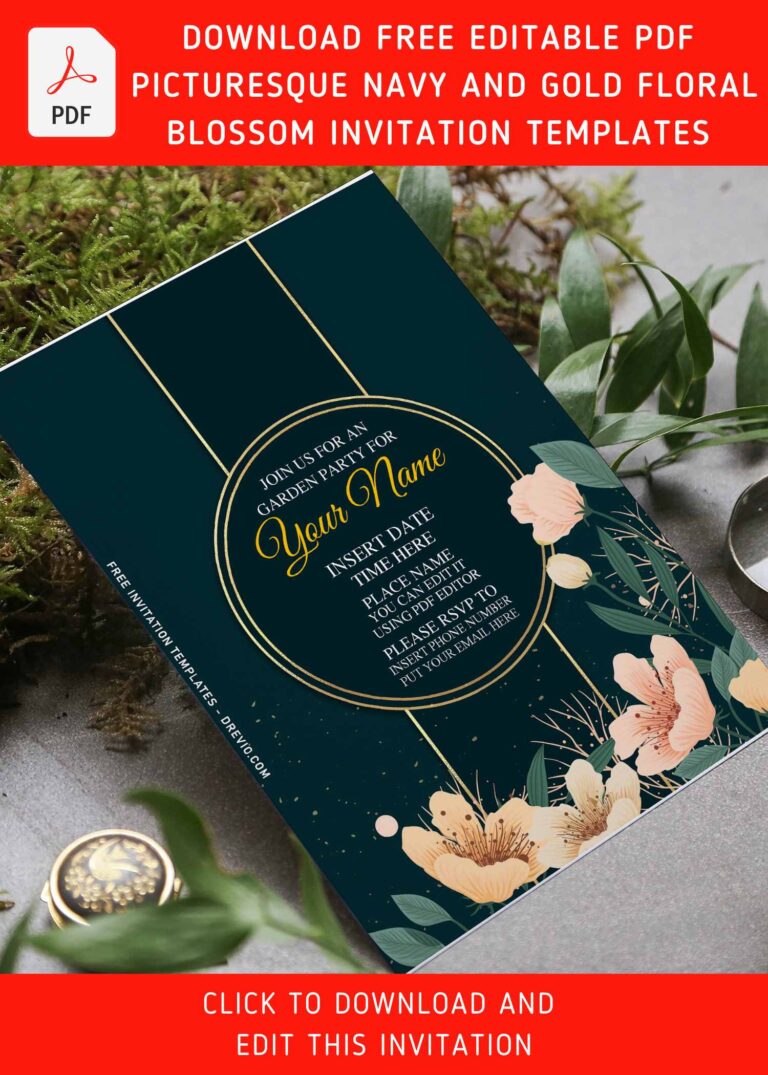 (Free Editable PDF) Brilliant Gold Foiled Floral Invitation Templates with royal navy blue background