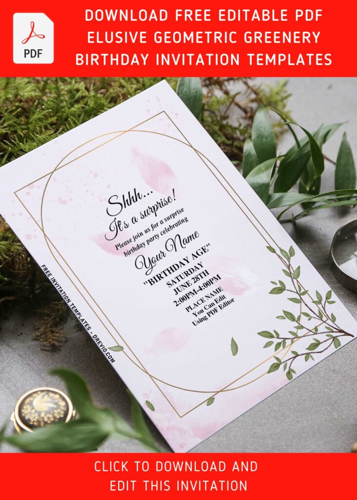 (Free Editable PDF) Elusive Geometric Greenery Eucalyptus Birthday Invitation Templates with aesthetic modern geometric shapes