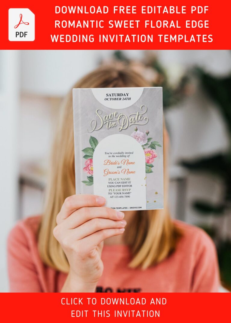 (Free Editable PDF) Romantic Sweet Blush Floral Edge Wedding Invitation Templates with lovely garden rose