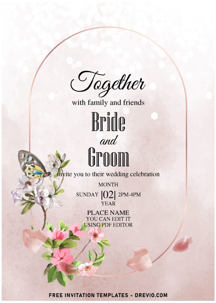 (Free Editable PDF) Whimsical Spring Blossom Wedding Invitation Templates with enchanting pink frame and glitters