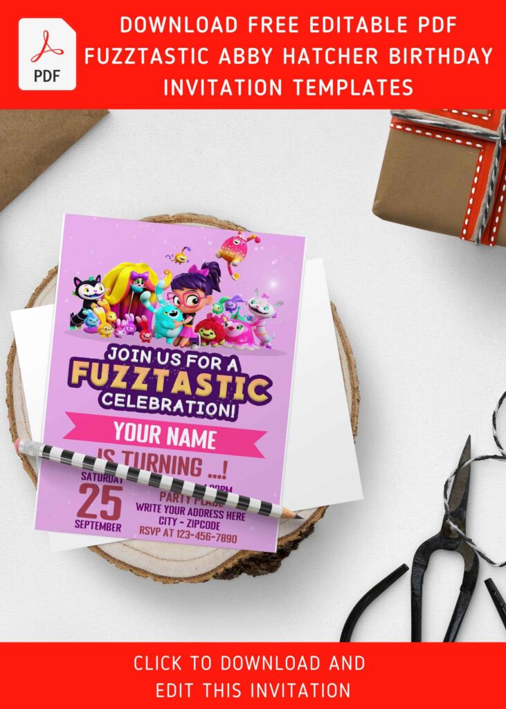 (Free Editable PDF) Fuzz-Tastic Abby Hatcher And Her Toy-Friends Birthday Invitation Templates with cute Grumbles