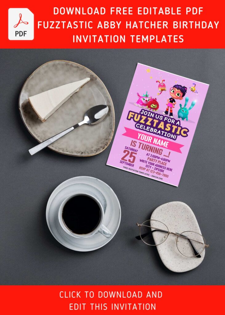 (Free Editable PDF) Fuzz-Tastic Abby Hatcher And Her Toy-Friends Birthday Invitation Templates with adorable pink and glitter background