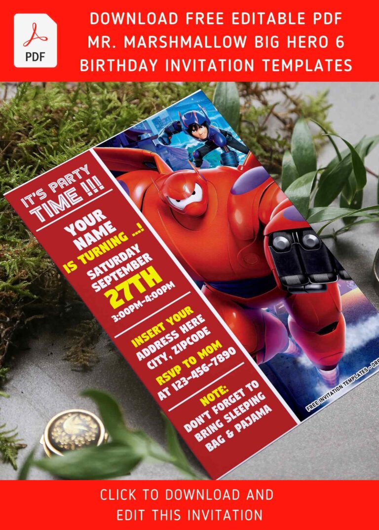 (Free Editable PDF) Fluffy Mr. Marshmallow Big Hero 6 Birthday Invitation Templates
