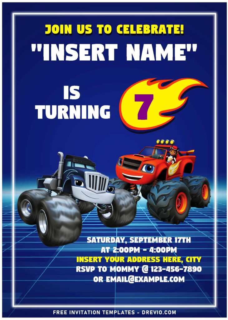 (Free Editable PDF) Fantastic Blaze & The Monster Machine Birthday Invitation Templates with cute Blaze and Crusher