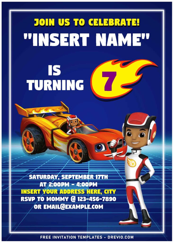 (Free Editable PDF) Fantastic Blaze & The Monster Machine Birthday Invitation Templates with cool seamless neon tiles background