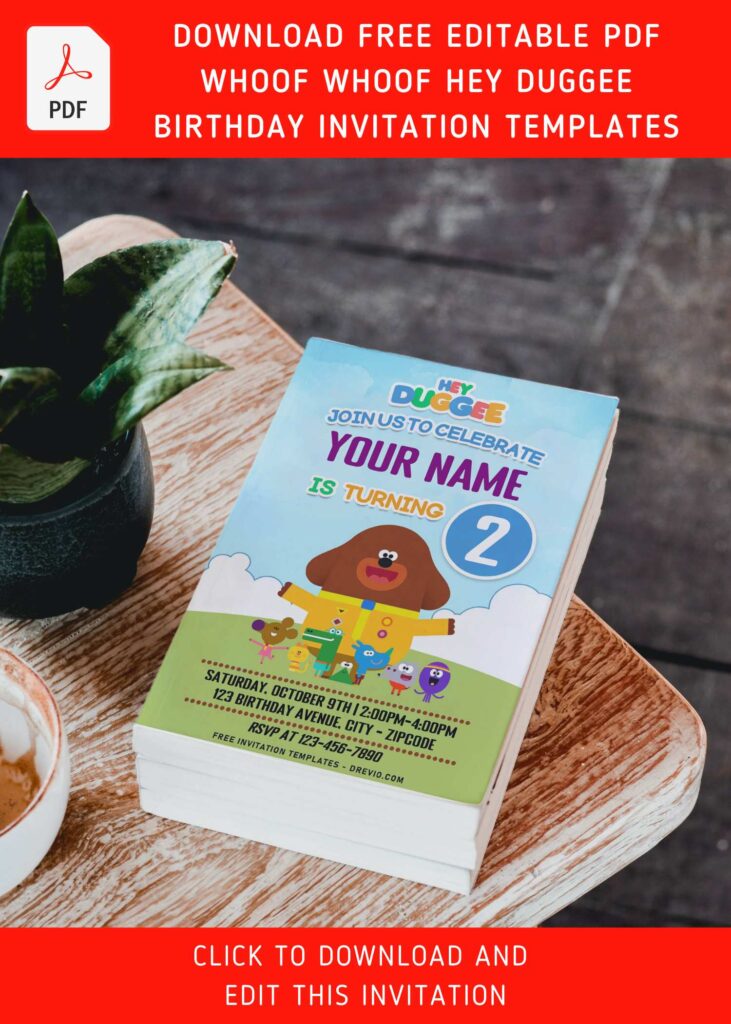 (Free Editable PDF) Whoof Whoof Hey Duggee Birthday Invitation Templates with cute Tag and Betty