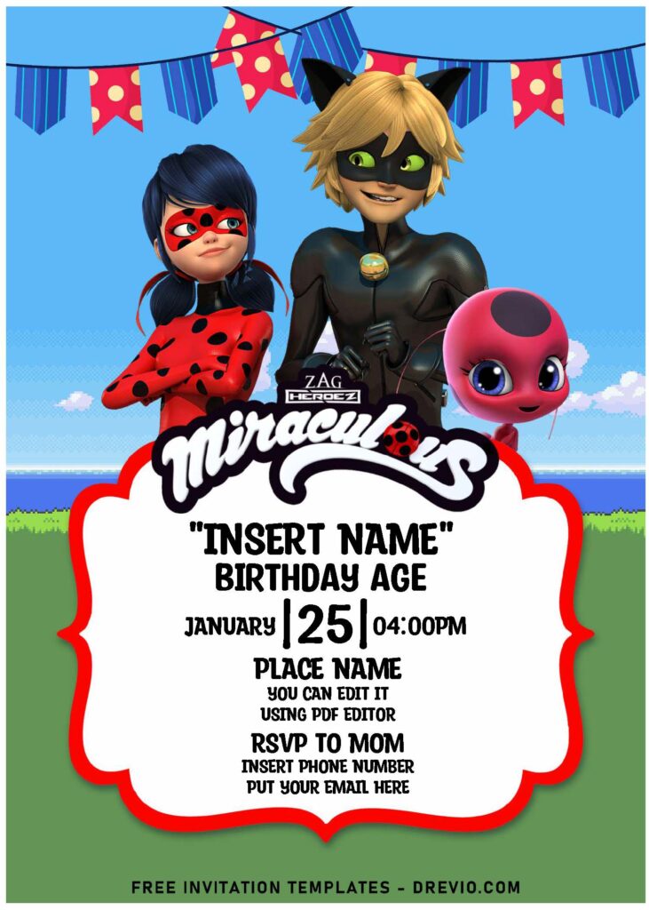 Free Editable PDF Miraculous Ladybug And Cat Noir Birthday Invitation Templates For Girl
