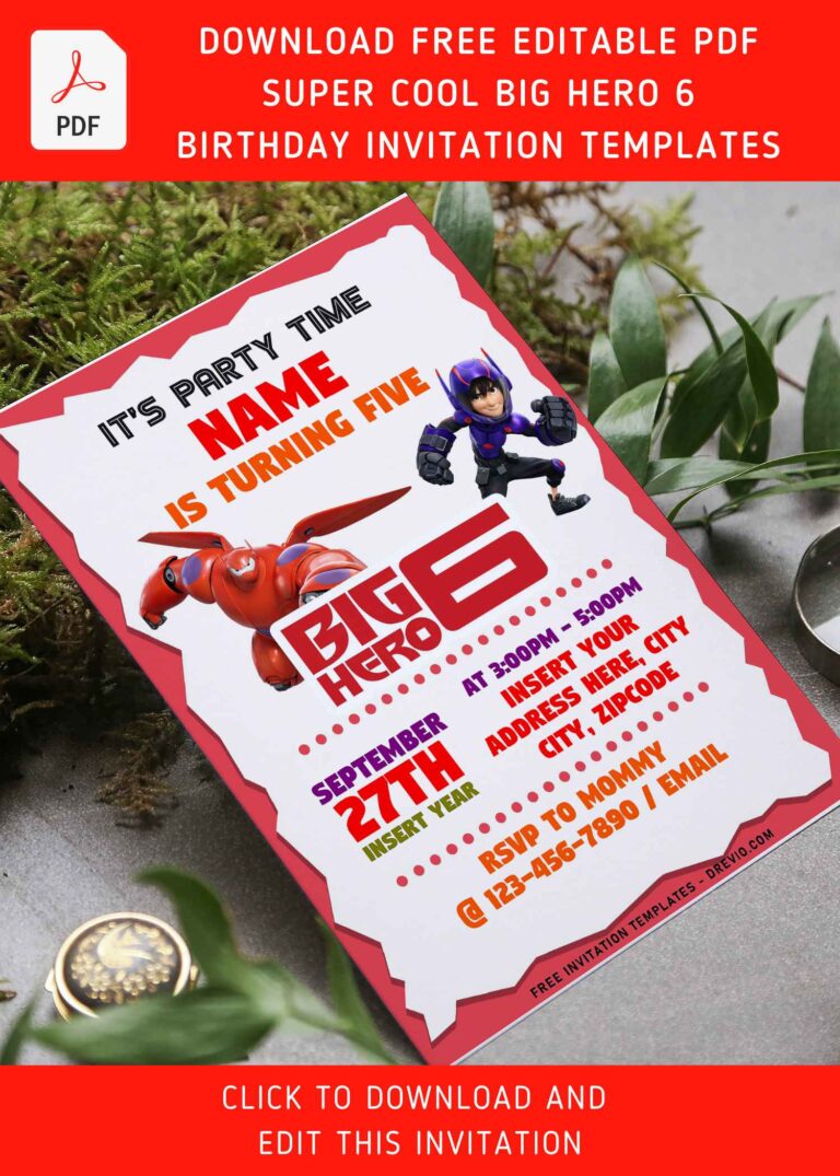 (Free Editable PDF) Adventure-Loving Baymax Big Hero 6 Birthday Invitation Templates with robot armor suit Hamada