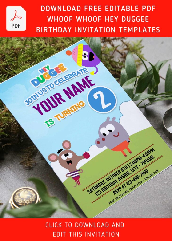 (Free Editable PDF) Whoof Whoof Hey Duggee Birthday Invitation Templates with pink Roly