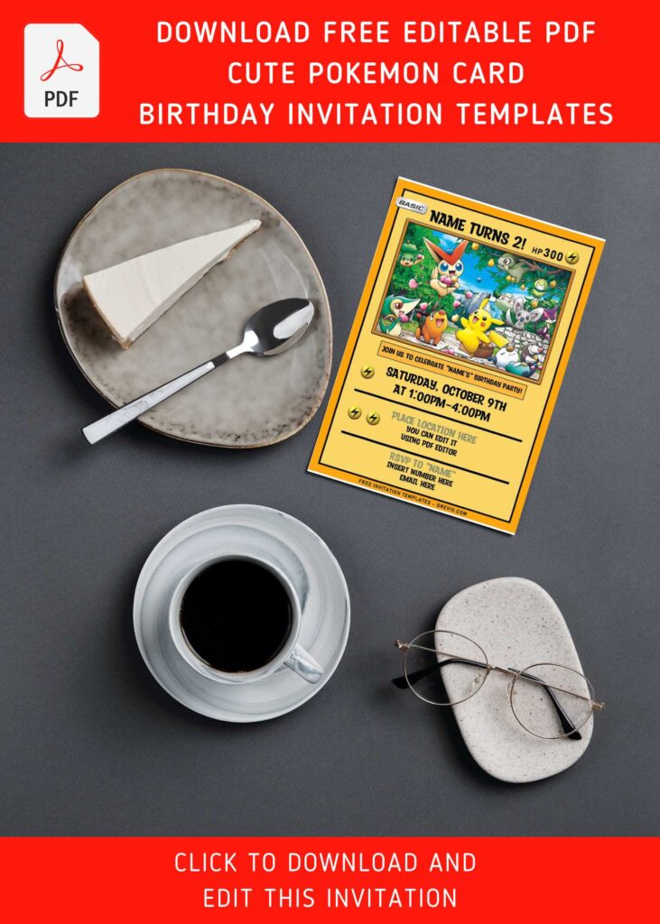 (Free Editable PDF) Cute And Awesome Pokemon Kids Birthday Party Invitation Templates with yellow card background
