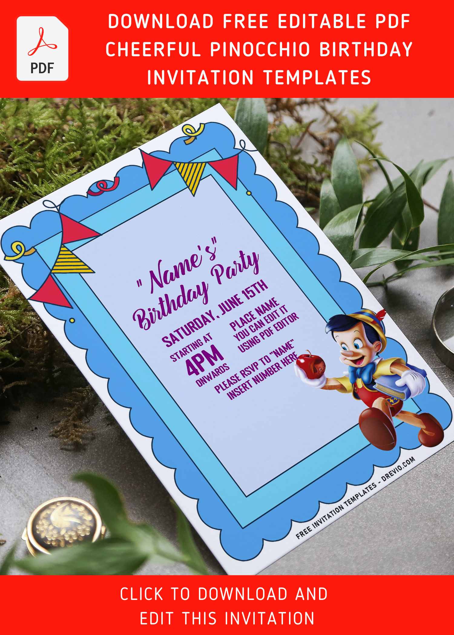 (Free Editable PDF) Cheerful Pinocchio Birthday Invitation Templates