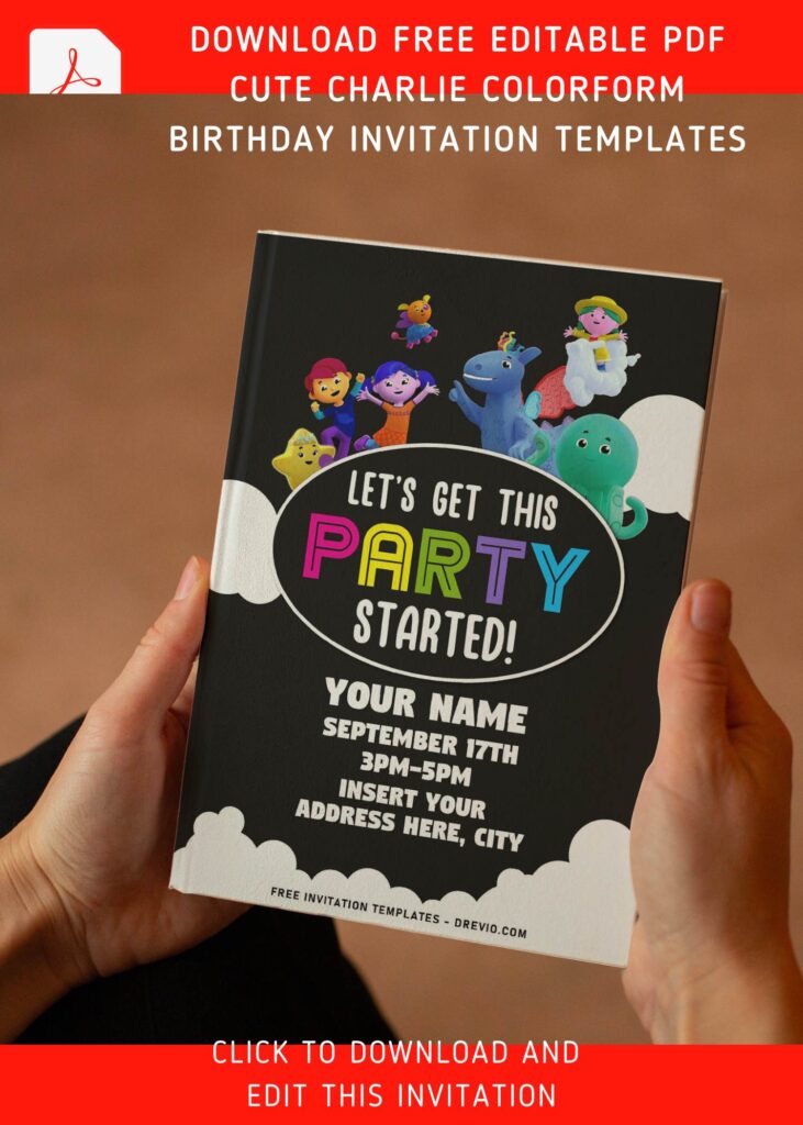 (Free Editable PDF) Charlie Colorform In Outer Space Birthday Invitation Templates with fluffy white clouds