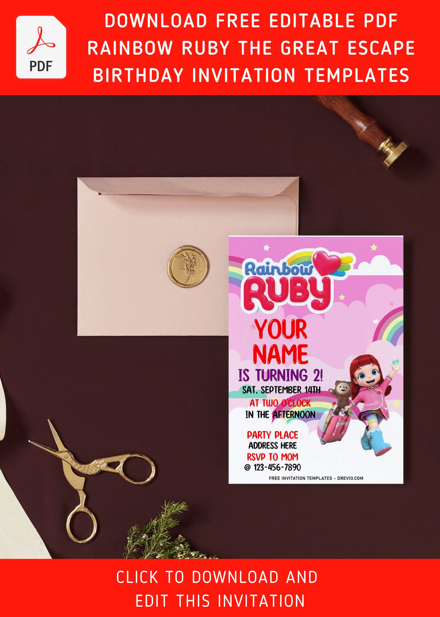 (Free Editable PDF) Rainbow Ruby The Great Escape Birthday Invitation ...
