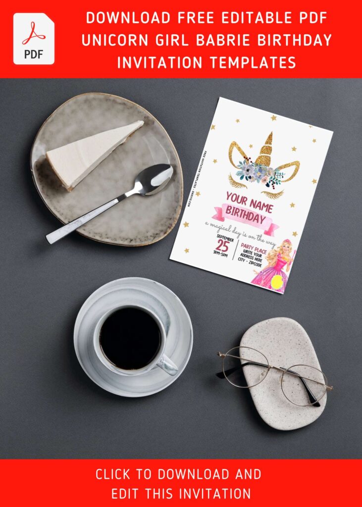Free Editable PDF Adorable Unicorn Barbie Girl Birthday Invitation Templates