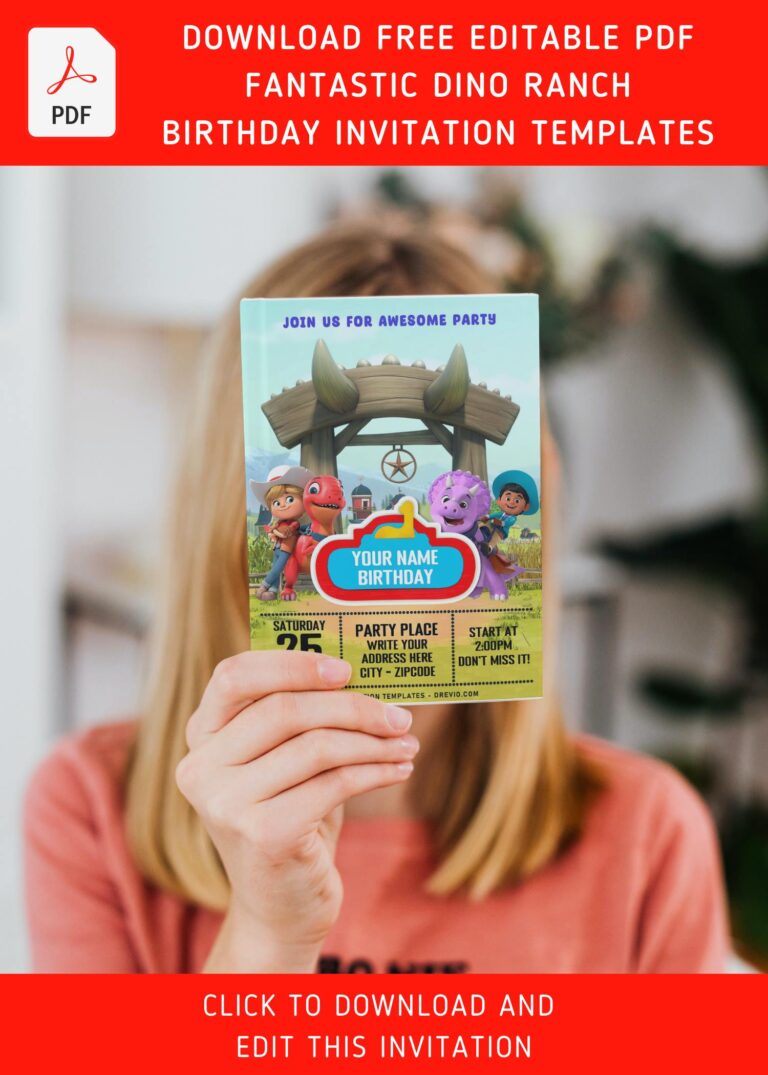 (Free Editable PDF) Light It Up Like Dino-Mite Dino Ranch Birthday Invitation Templates with Dino Ranch background