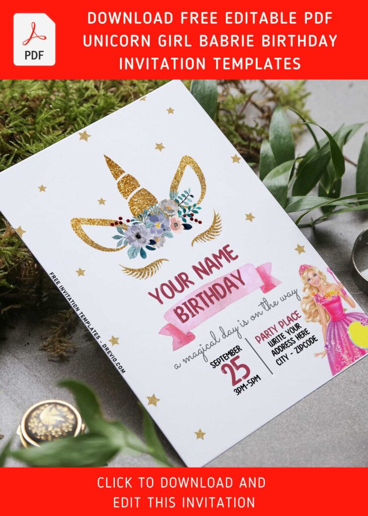 Free Editable PDF Cute Unicorn Barbie Girl Birthday Invitation Templates