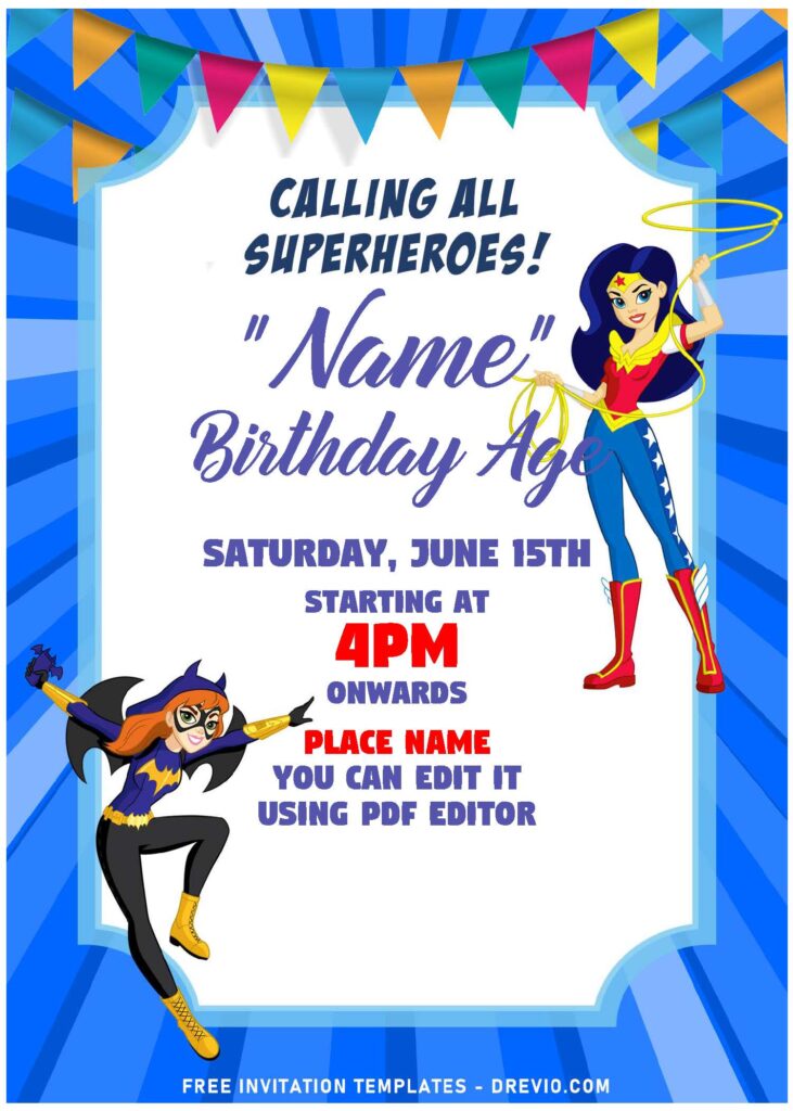 Free Editable PDF DC League Superhero Girls Kids Birthday Invitation Templates