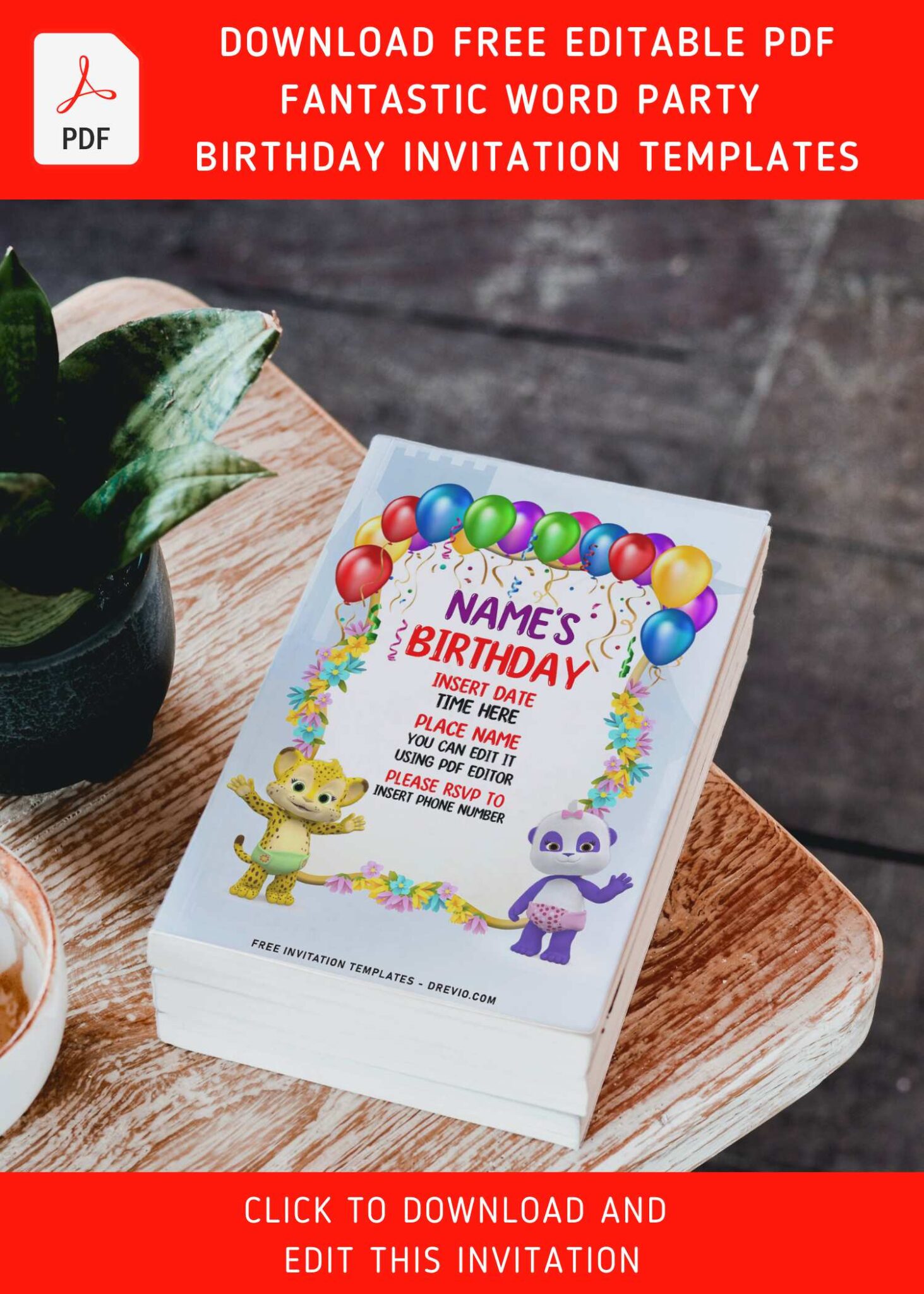Party Invitation Word Example (Free Editable PDF) Cheerful Word Party First Birthday Invitation Templates