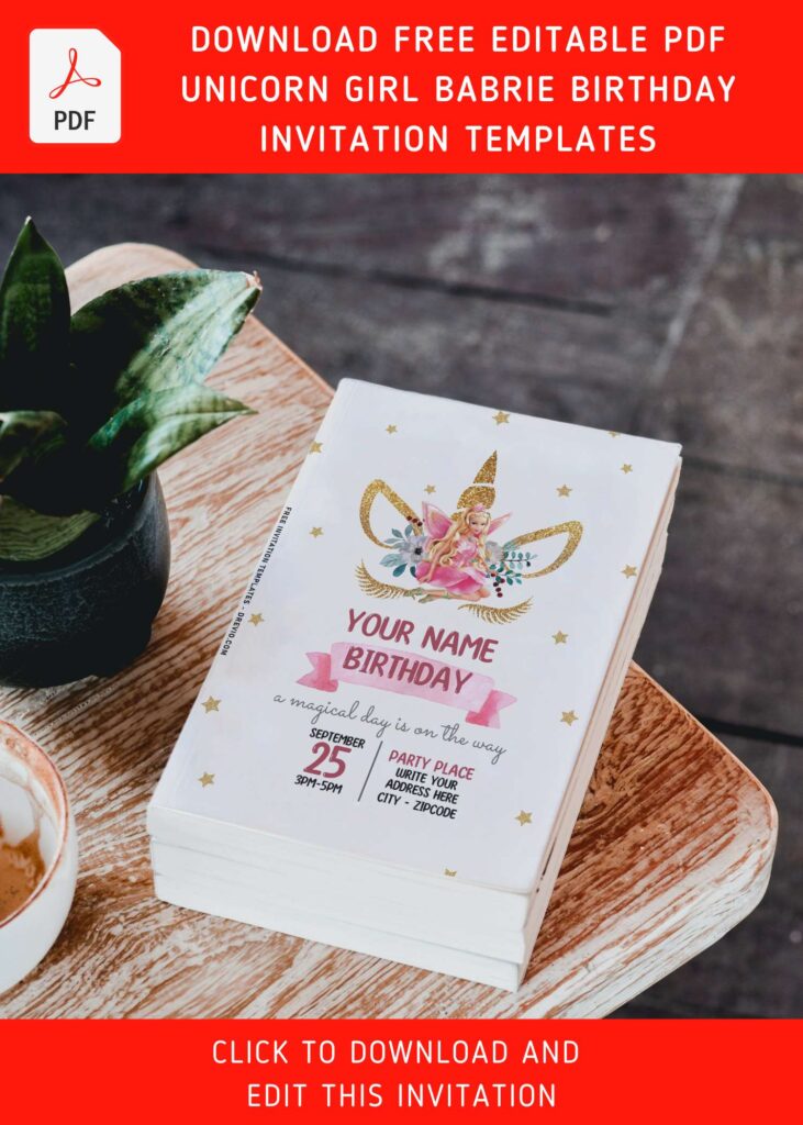Free Editable PDF Gold Glitter Unicorn Barbie Girl Birthday Invitation Templates