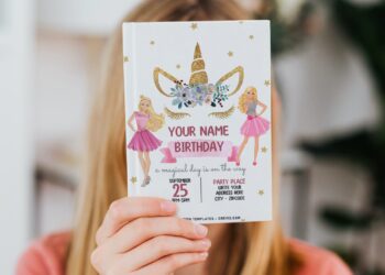 (Free Editable PDF) Sparkling Gold Unicorn Barbie Girl Birthday Invitation Templates
