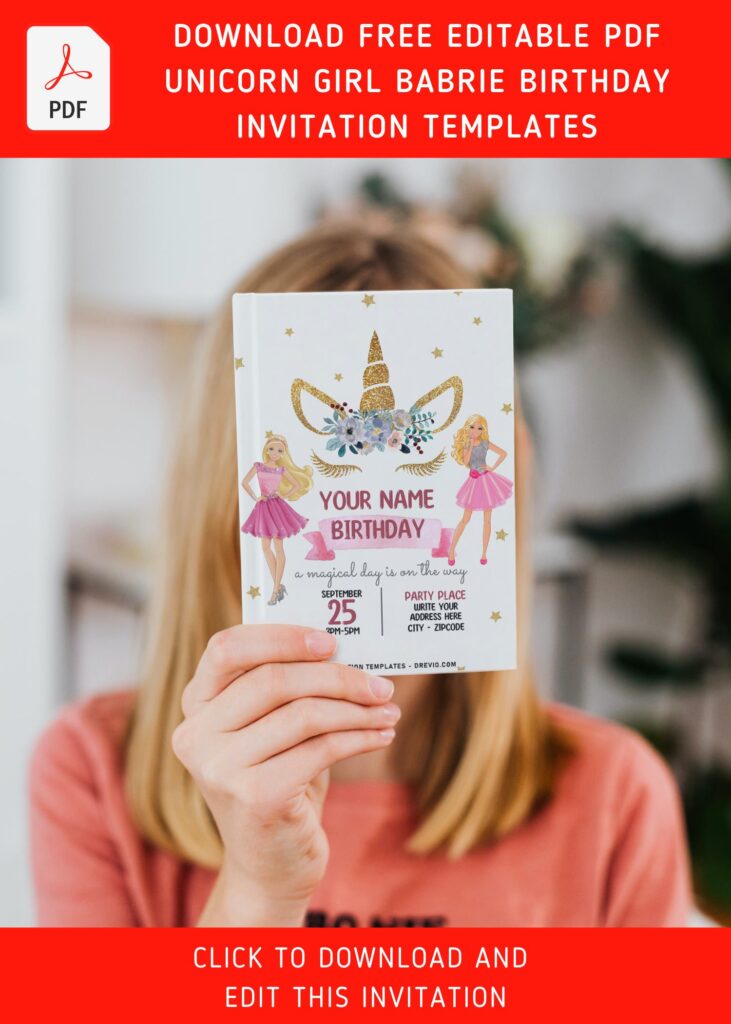 Free Editable PDF Gorgeous Unicorn Barbie Girl Birthday Invitation Templates