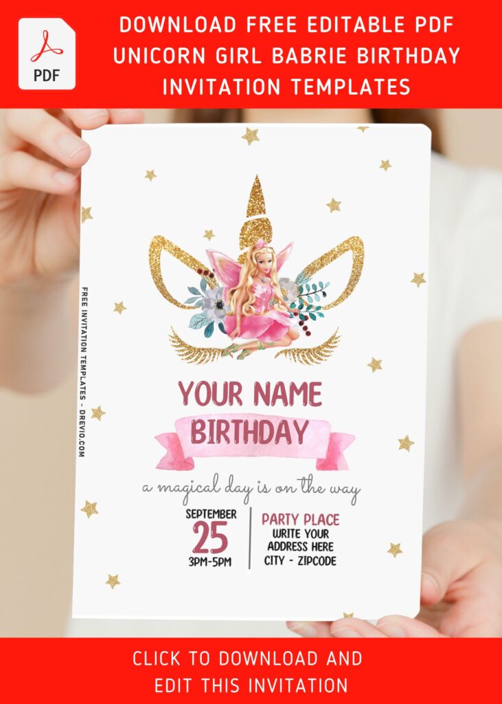Free Editable PDF Lovely Cute Unicorn Barbie Girl Birthday Invitation Templates