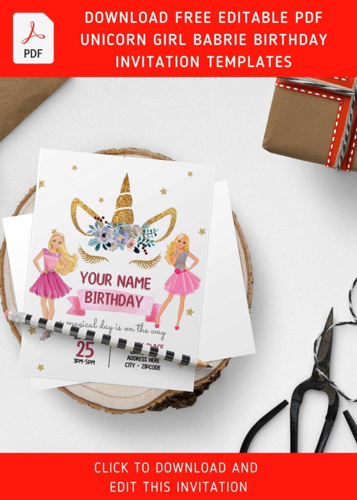Free Editable PDF Shimmering Glitter Unicorn Barbie Girl Birthday Invitation Templates