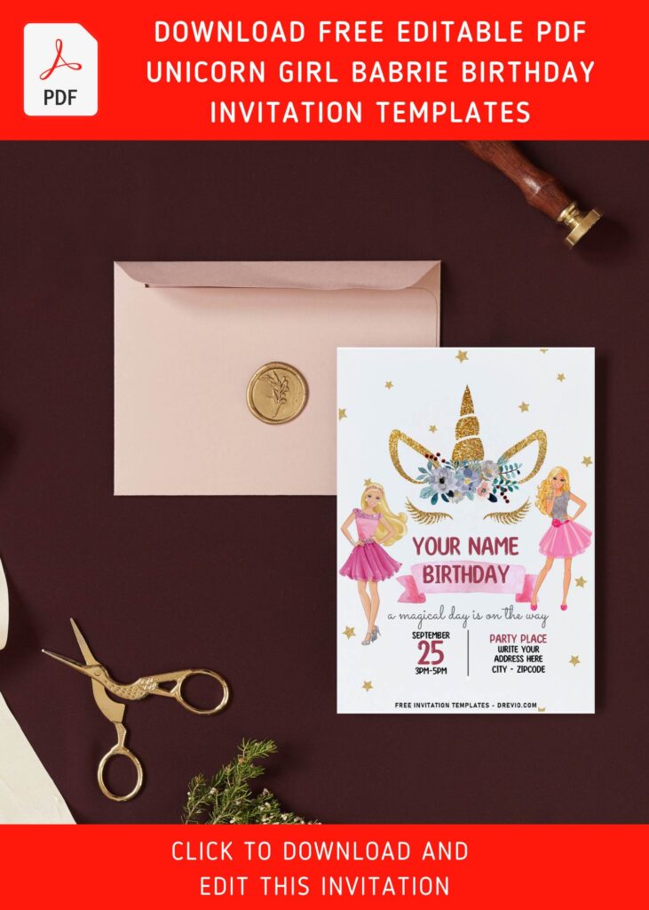 Free Editable PDF Sparkling Glitter Unicorn Barbie Girl Birthday Invitation Templates