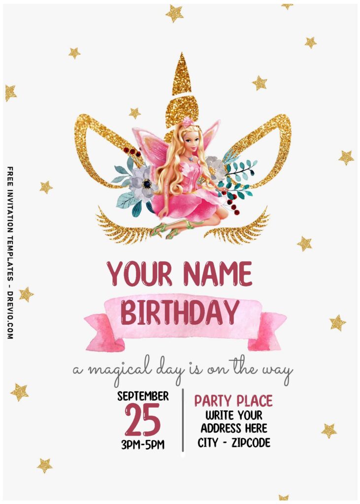 Free Editable PDF Stunning Unicorn Barbie Girl Birthday Invitation Templates