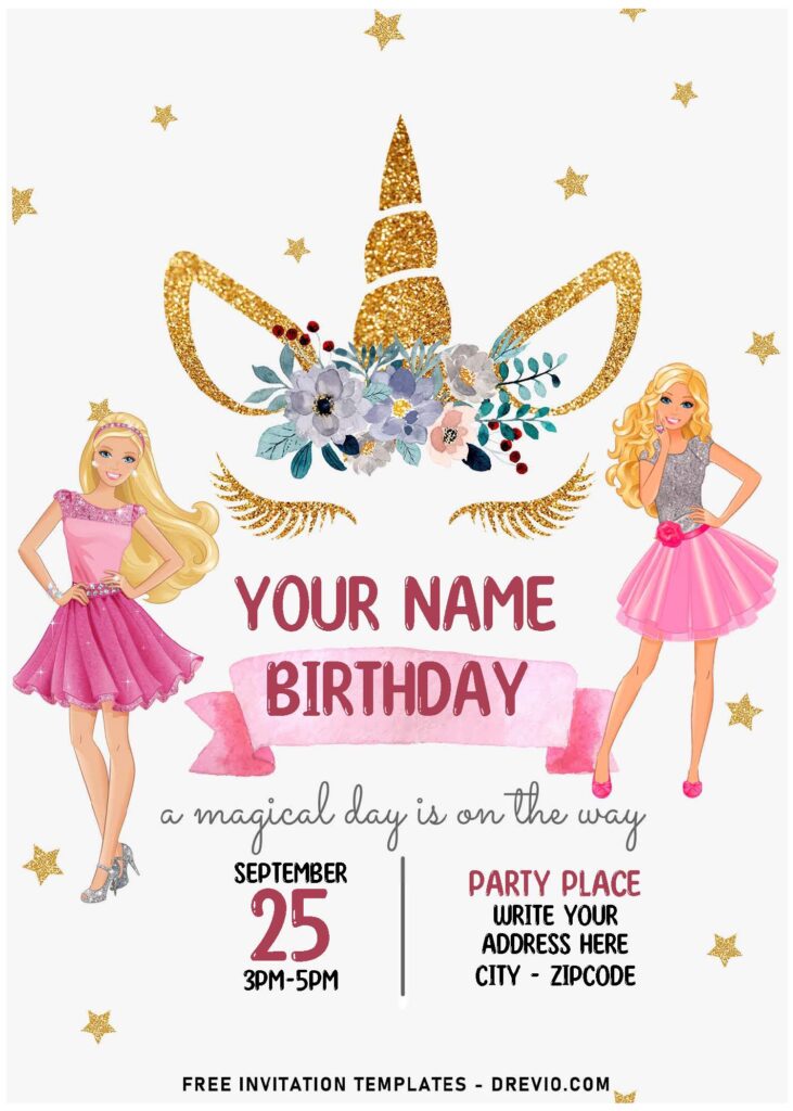 Free Editable PDF Unicorn Barbie Girl Birthday Invitation Templates