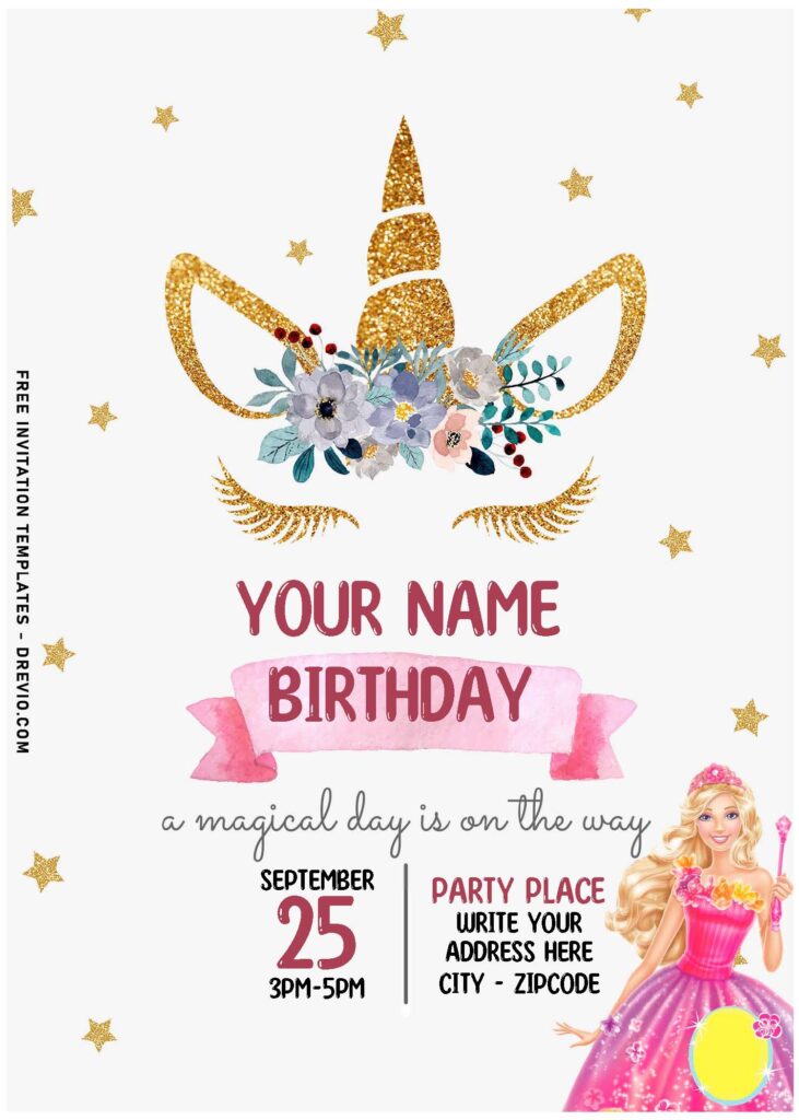 Free Editable PDF Unicorn Barbie Girl Birthday Invitation Templates For All Ages