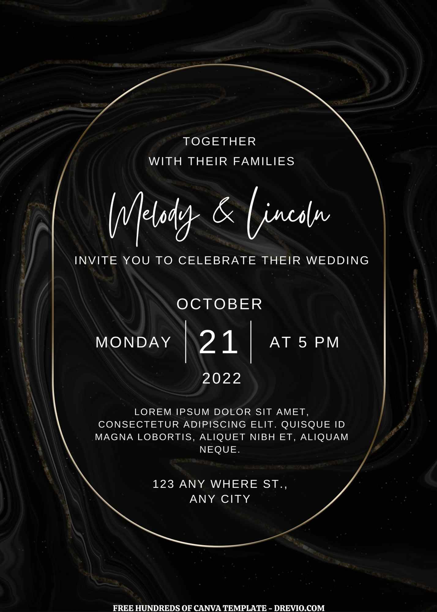 (Free) 8+ Black Gold Marble Ellipse Frame Canva Wedding Invitation Templates