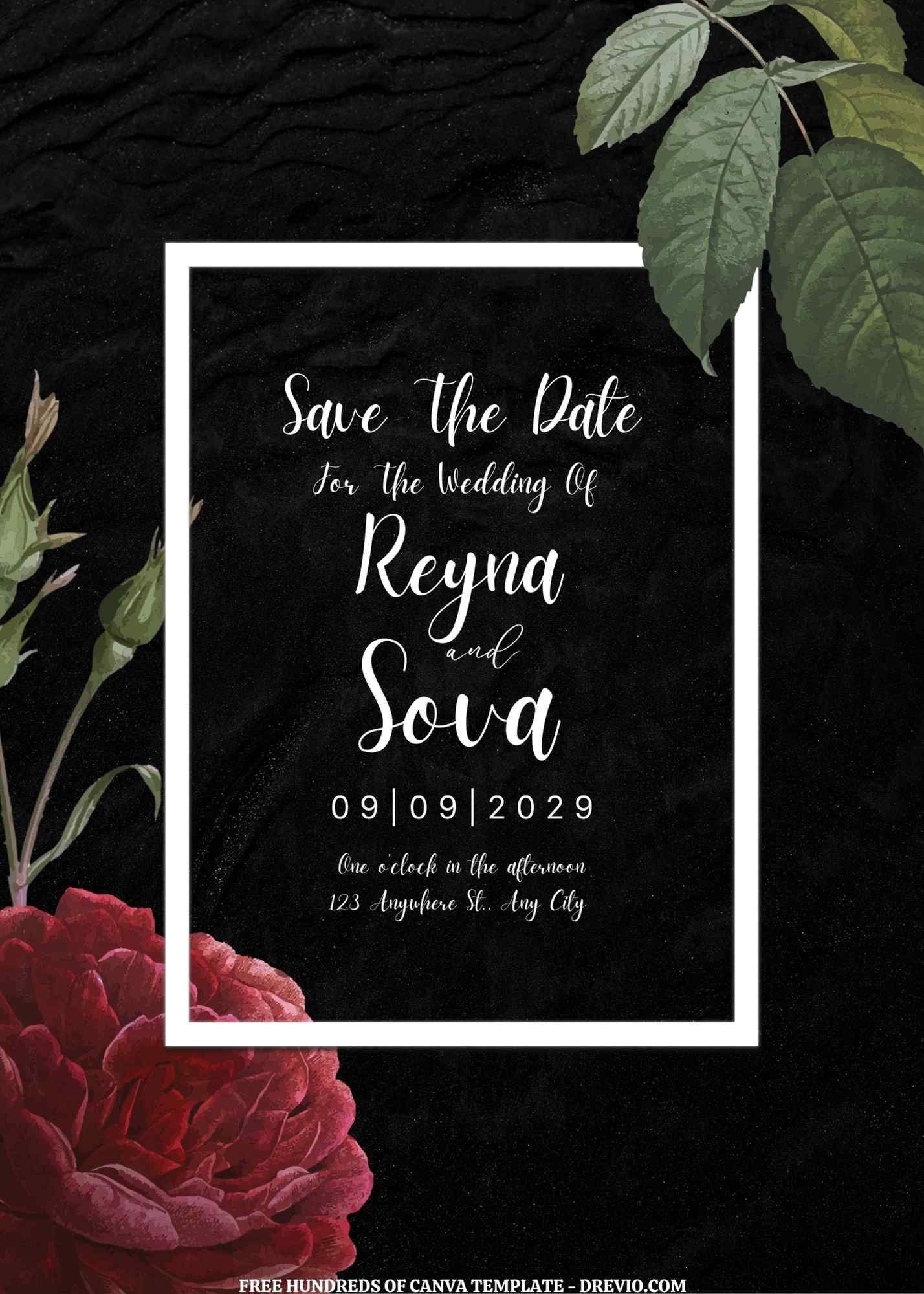 (Free) 11+ Black Sand Background Roses Floral Canva Wedding Invitation Templates