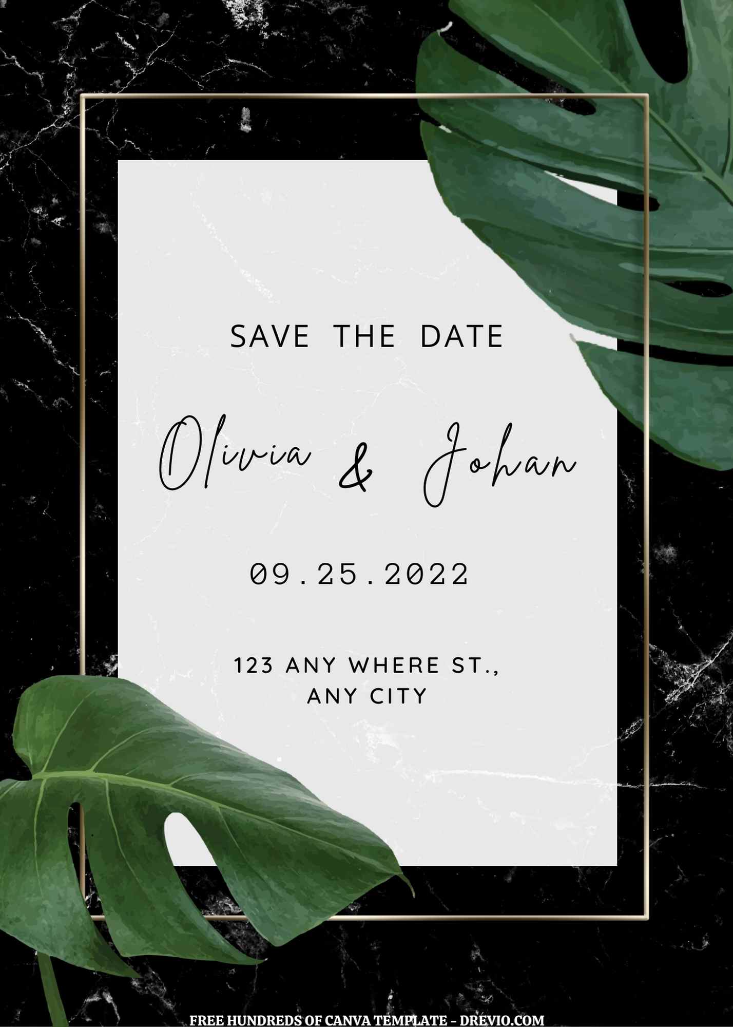(Free) 7+ Tropical Leaf Black Marble Background Canva Wedding Invitation Templates