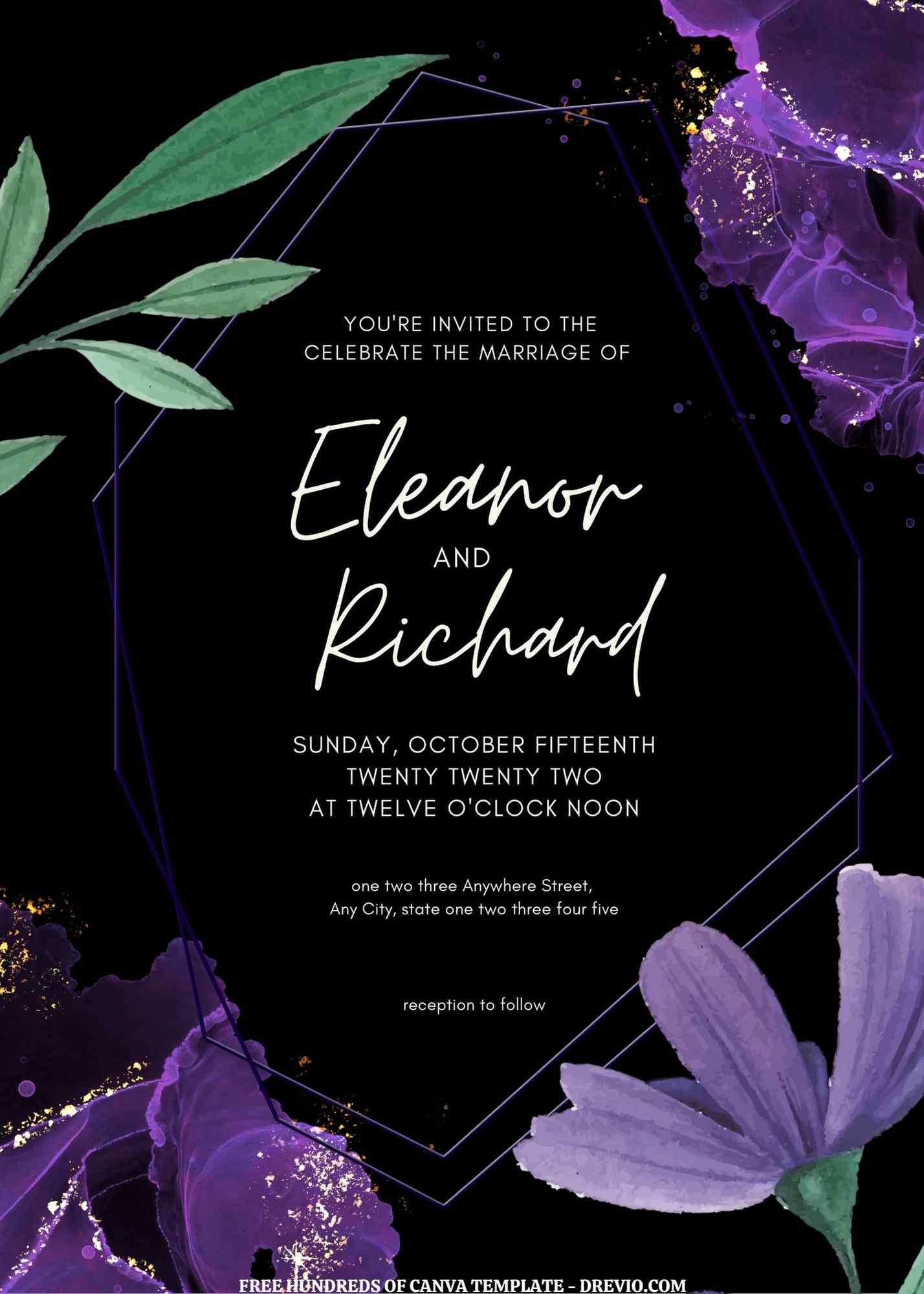 (Free) 8+  Purple Ink Splash Purple Floral Canva Wedding Invitation Templates